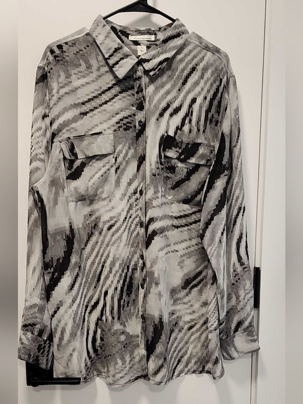 Kenneth Cole New York Sheer Black and Gray Abstract Print Shirt Size - XL